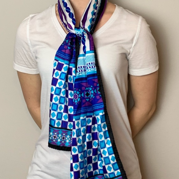 Adrienne Landau silk scarf blue white purple black - Picture 1 of 6
